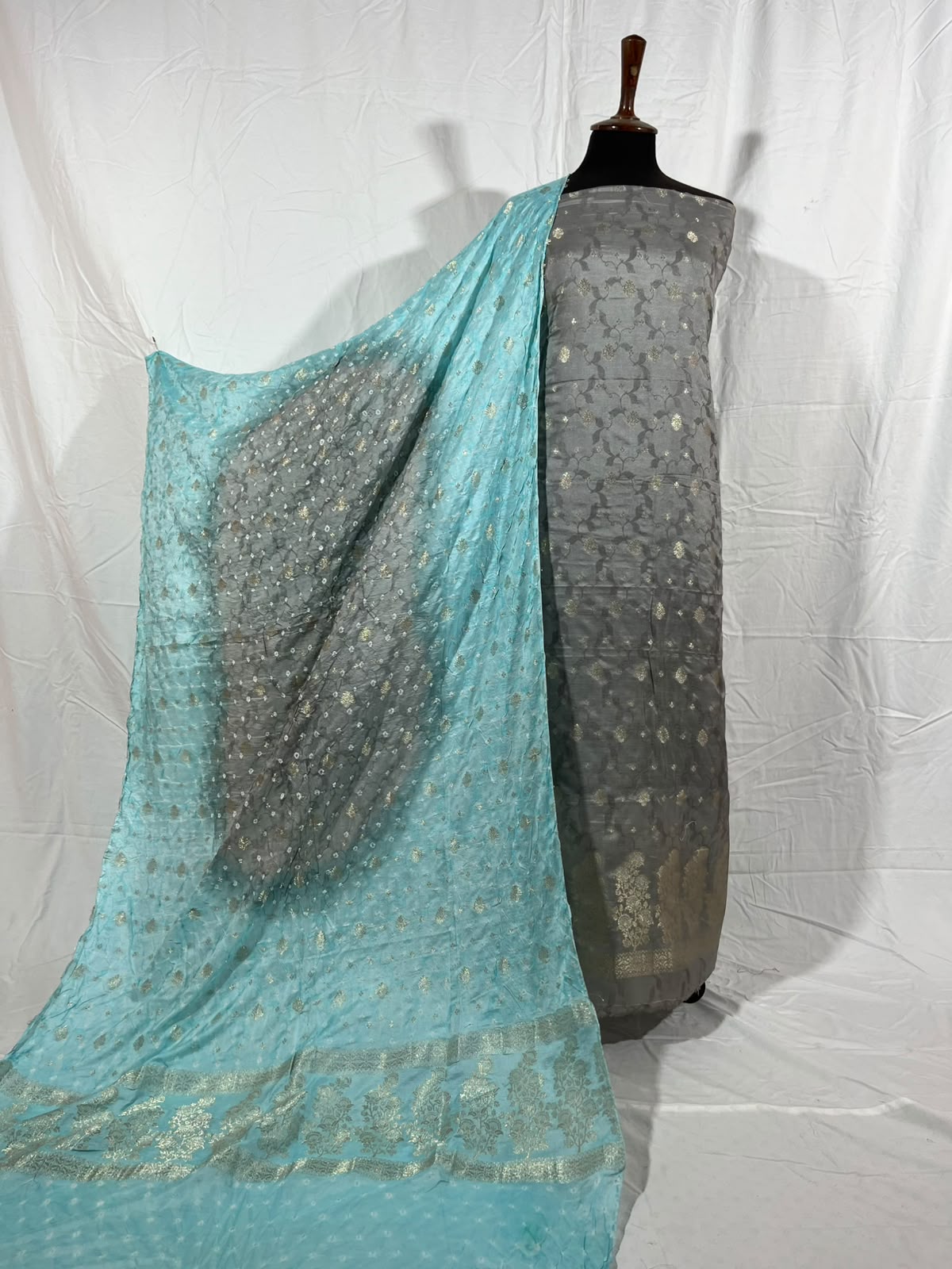 Cotton Banarsi Chunri Suit With Woven Dupatta