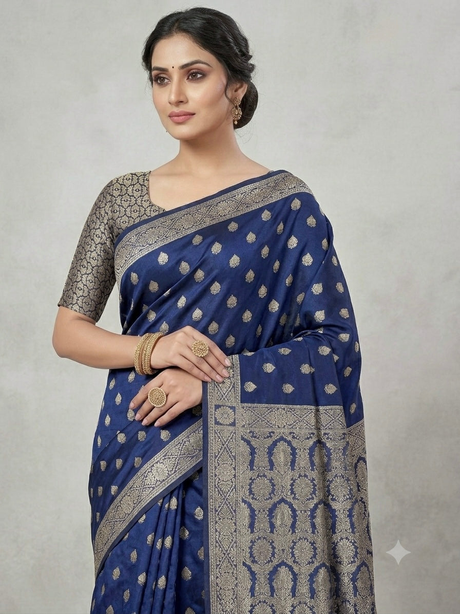 Royal Blue Semi Pure Chiffon Banarasi Saree