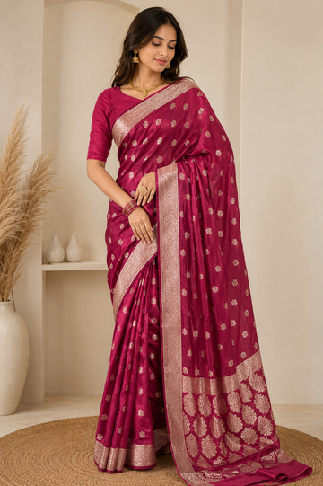 Magenta Banarsi Semi Pure Chiffon Saree