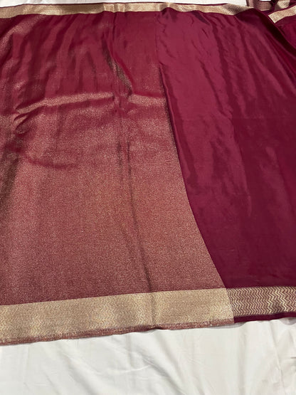 Pure Crepe Silk Satin Saree with Golden Zari Pallu & Border