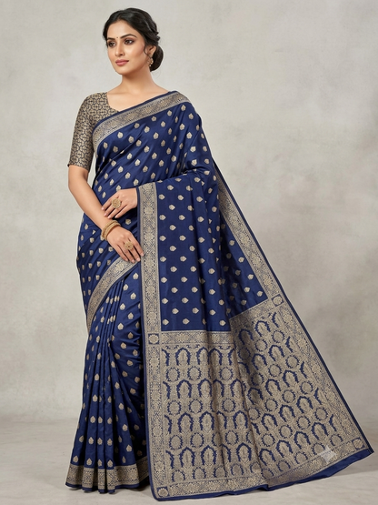 Royal Blue Semi Pure Chiffon Banarasi Saree