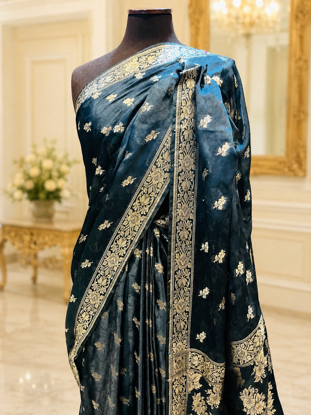 Luxury Zinc Green Semi-Pure Banarsi Saree | Intricate Zari Floral Design