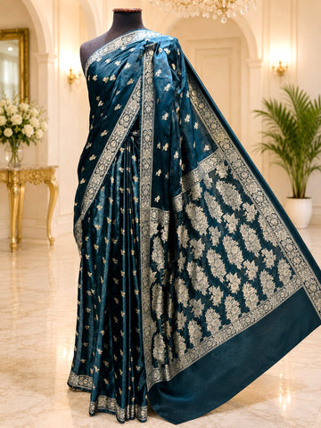 Luxury Zinc Green Semi-Pure Banarsi Saree | Intricate Zari Floral Design