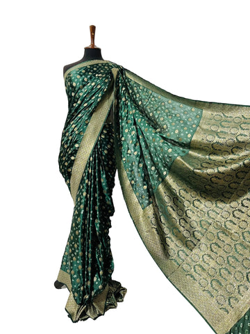 Luxury Emerald Green Banarasi Chunri Bandhej Saree