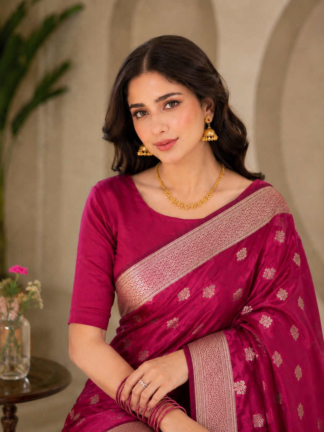 Magenta Banarsi Semi Pure Chiffon Saree