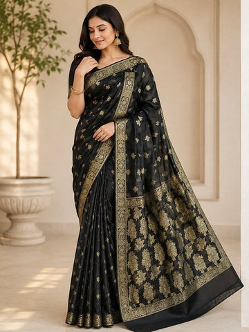 Premium Black Banarsi Saree with Golden & Silver Zari Work