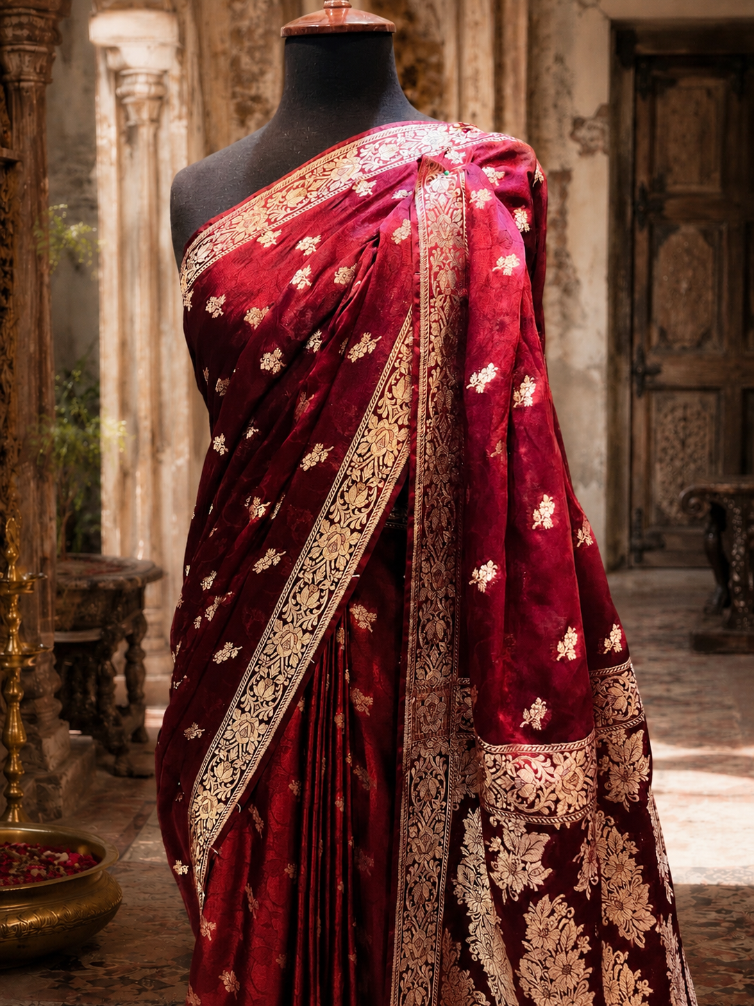 Luxury Maroon Banarsi Saree | Golden Zari Floral Design