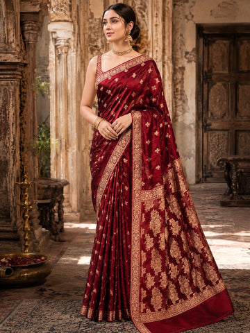 Luxury Maroon Banarsi Saree | Golden Zari Floral Design