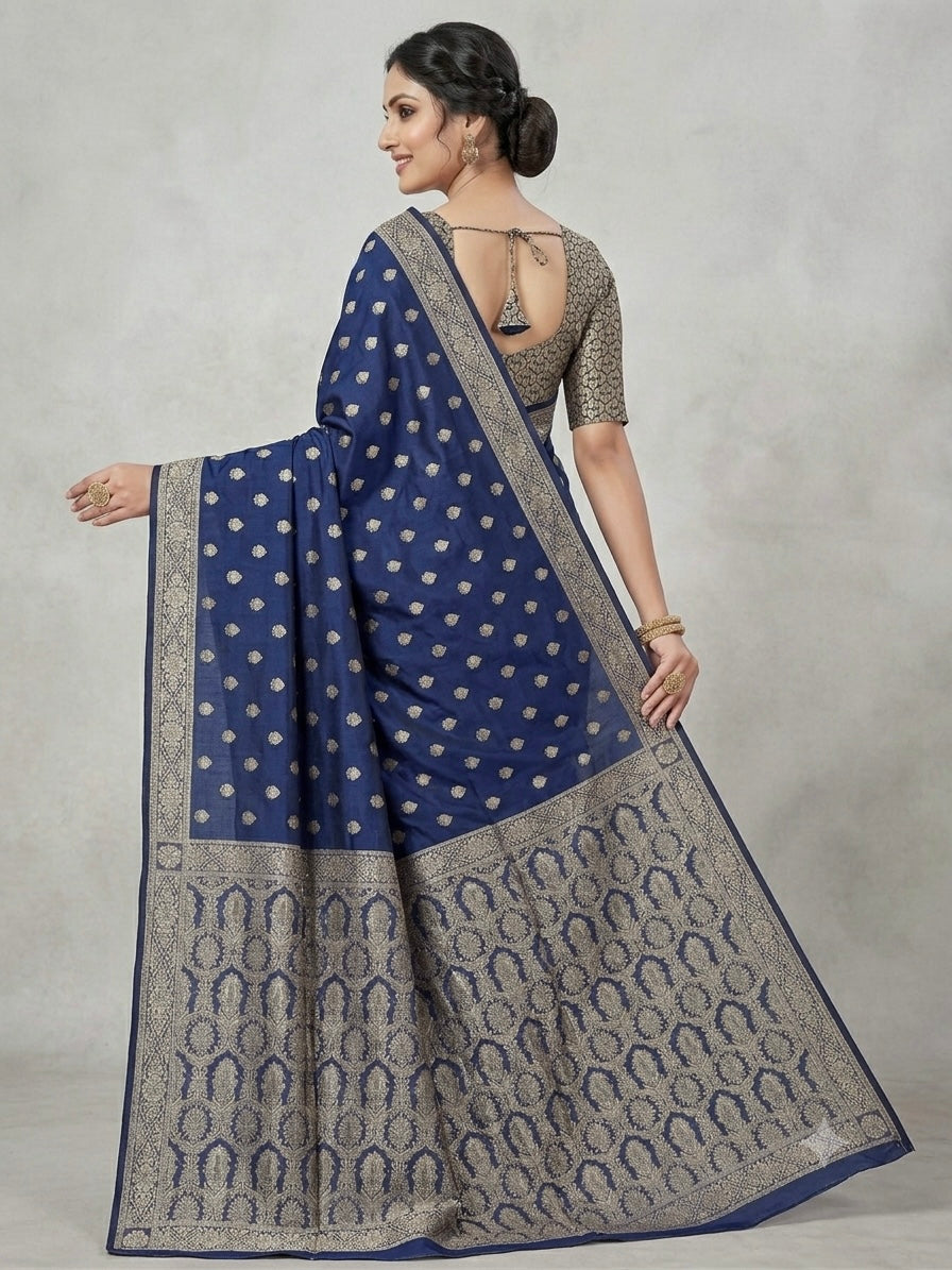 Royal Blue Semi Pure Chiffon Banarasi Saree