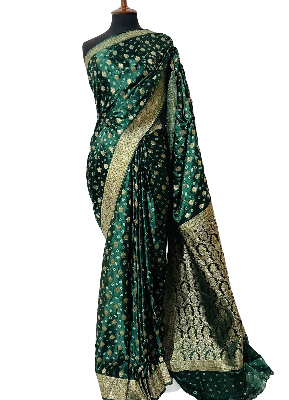 Luxury Emerald Green Banarasi Chunri Bandhej Saree