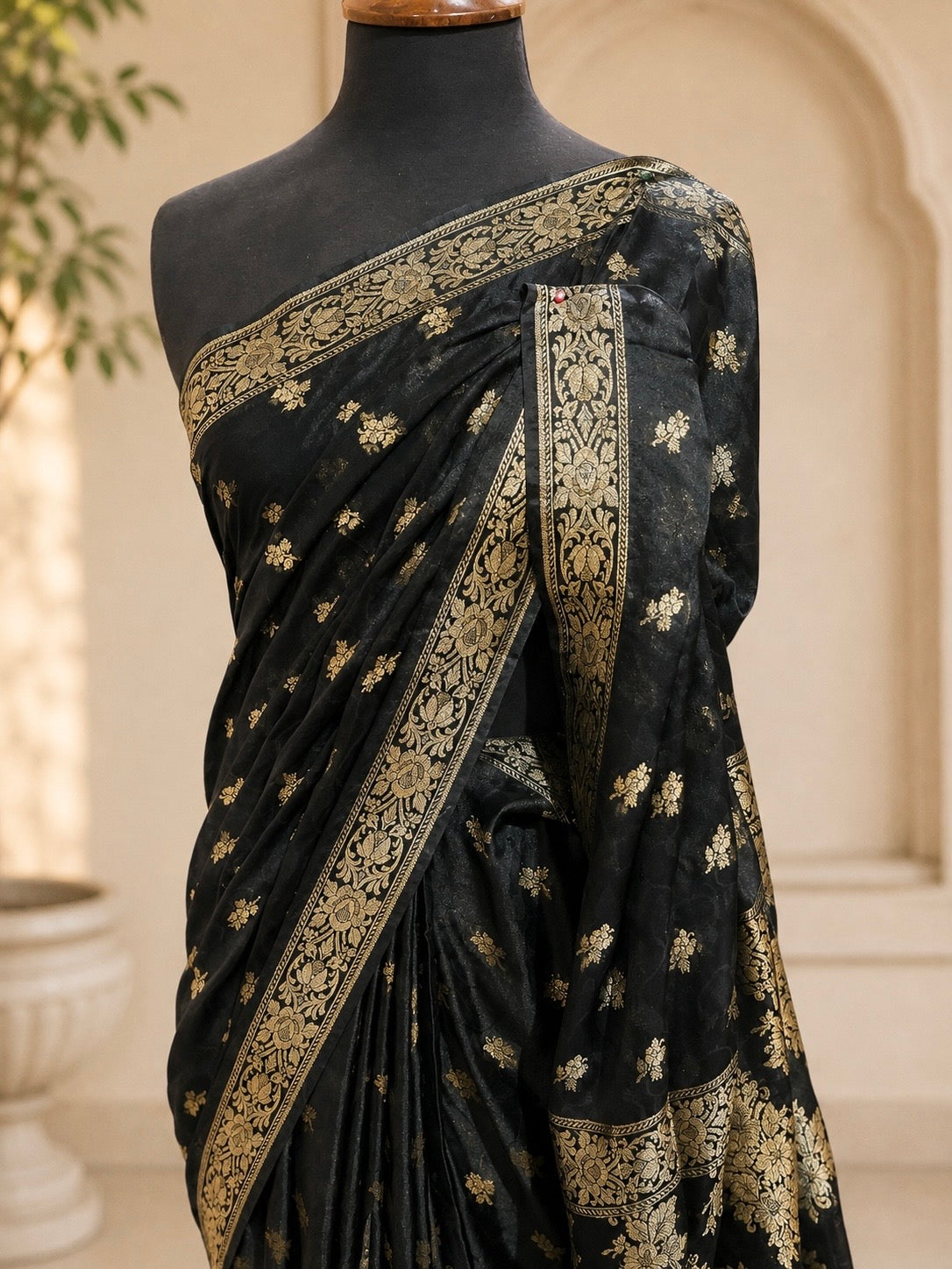 Premium Black Banarsi Saree with Golden & Silver Zari Work