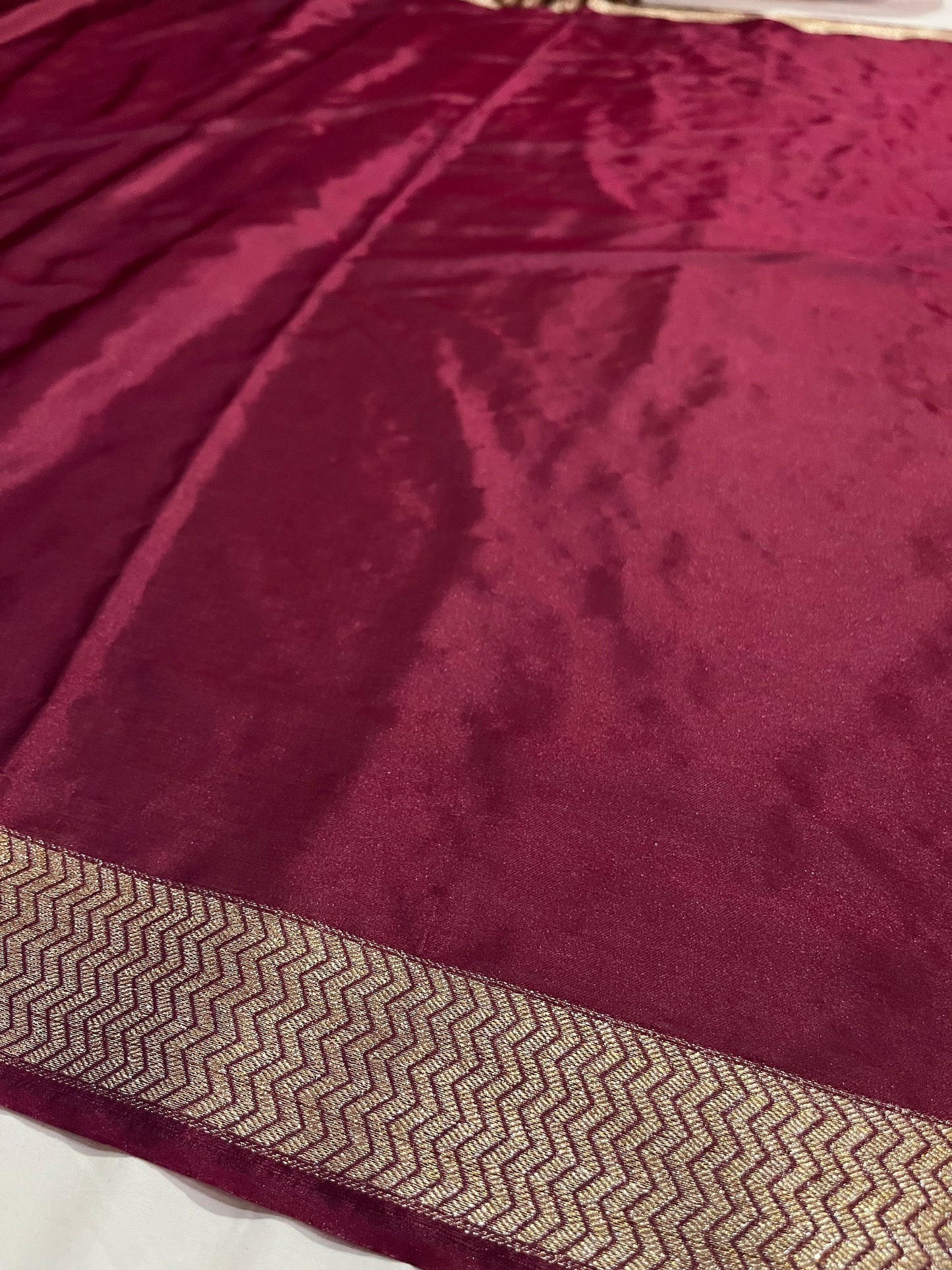Pure Crepe Silk Satin Saree with Golden Zari Pallu & Border
