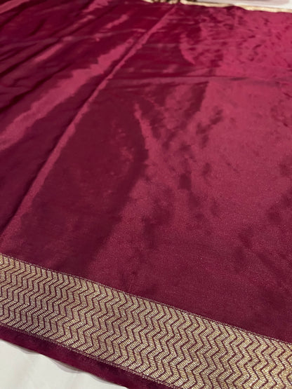 Pure Crepe Silk Satin Saree with Golden Zari Pallu & Border