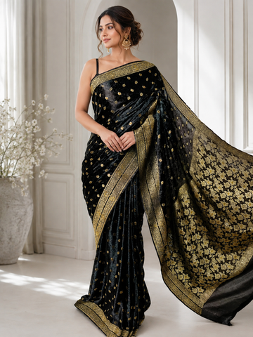 Luxury Black banarsi Gulab Anchal Saree