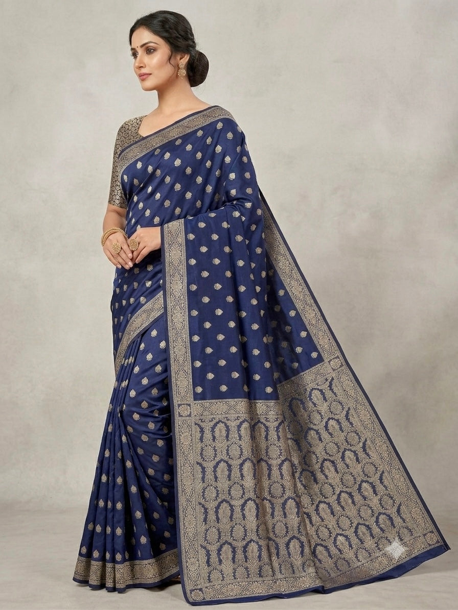 Royal Blue Semi Pure Chiffon Banarasi Saree