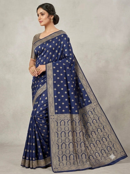 Royal Blue Semi Pure Chiffon Banarasi Saree