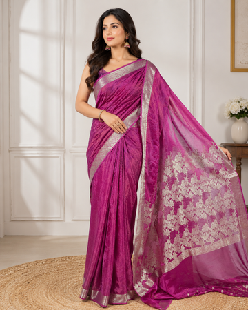 Premium Banarasi Satin Silk Saree – Wine Magenta