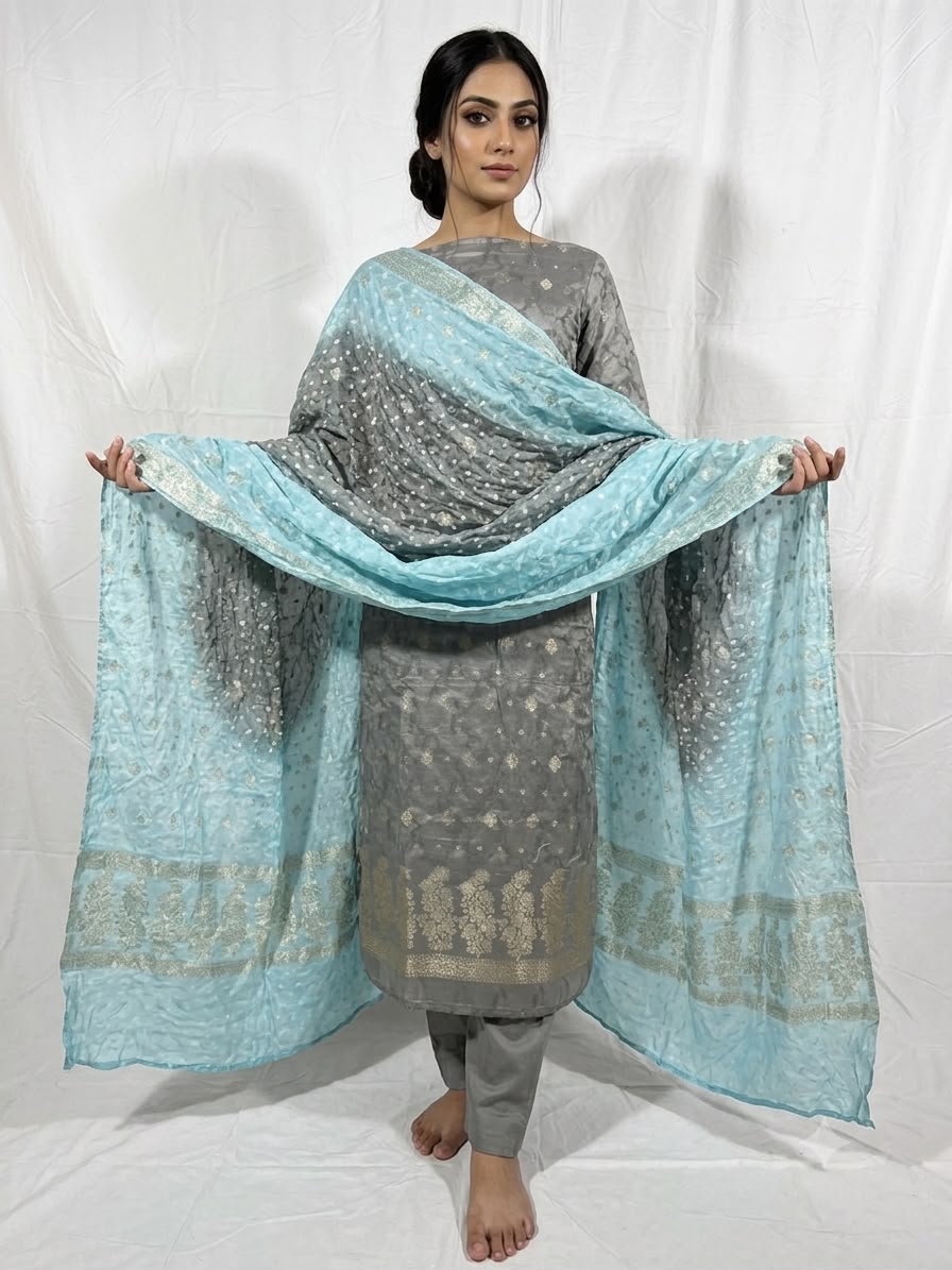 Cotton Banarsi Chunri Suit With Woven Dupatta