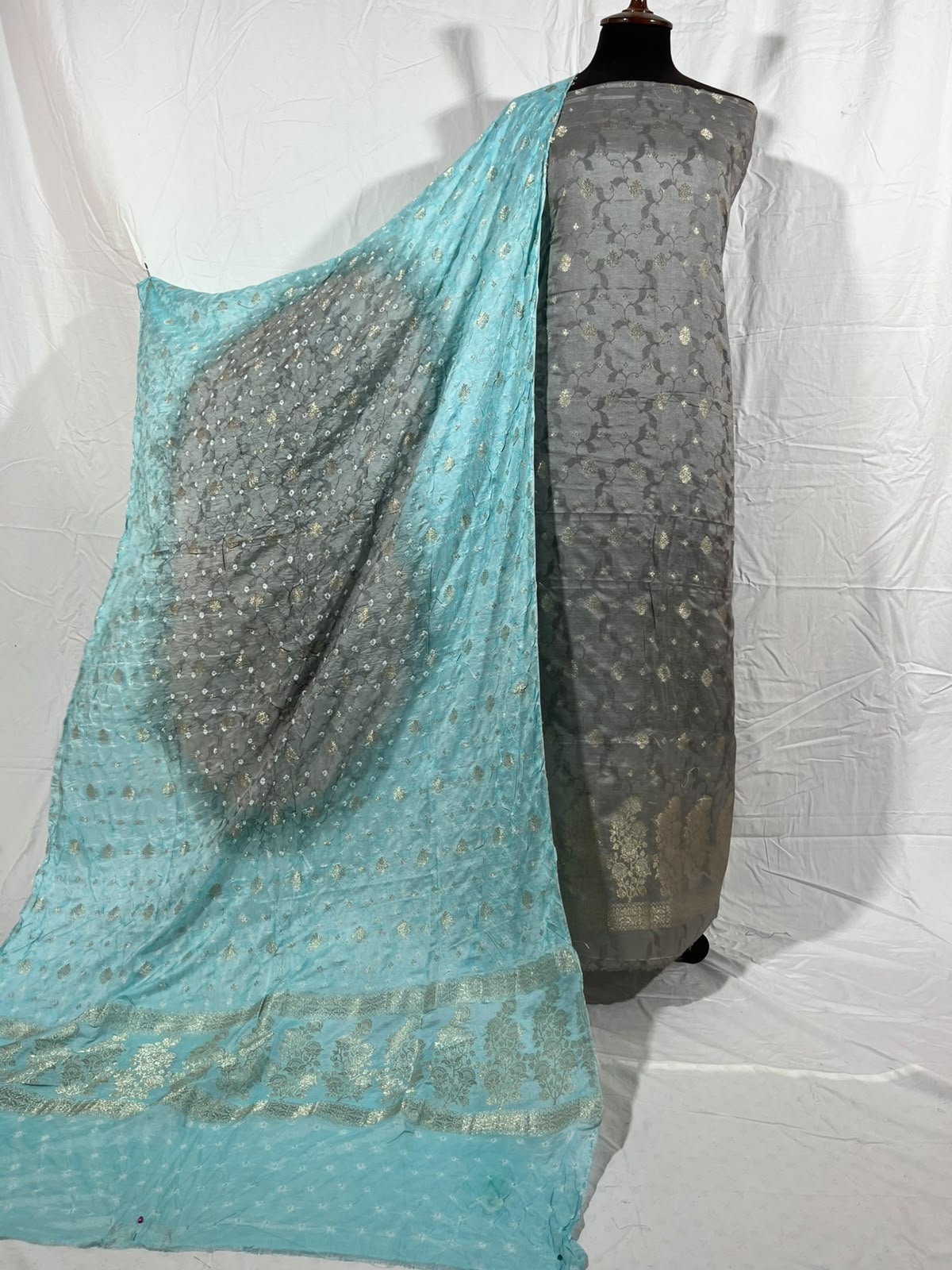 Cotton Banarsi Chunri Suit With Woven Dupatta