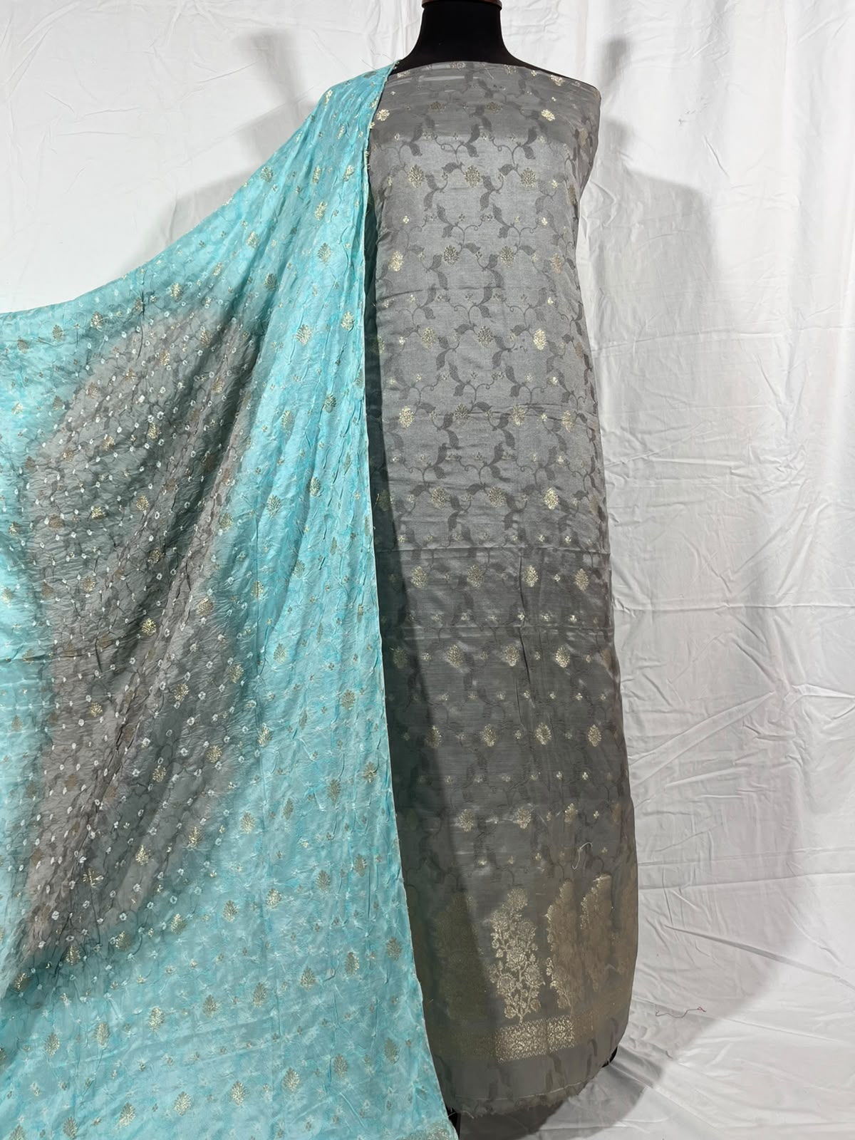 Cotton Banarsi Chunri Suit With Woven Dupatta