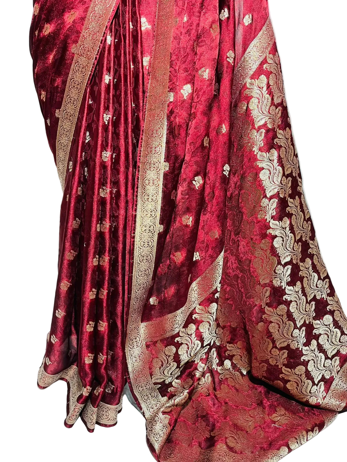 Deep Maroon Banarsi Saree With Heavy Floral Pallu