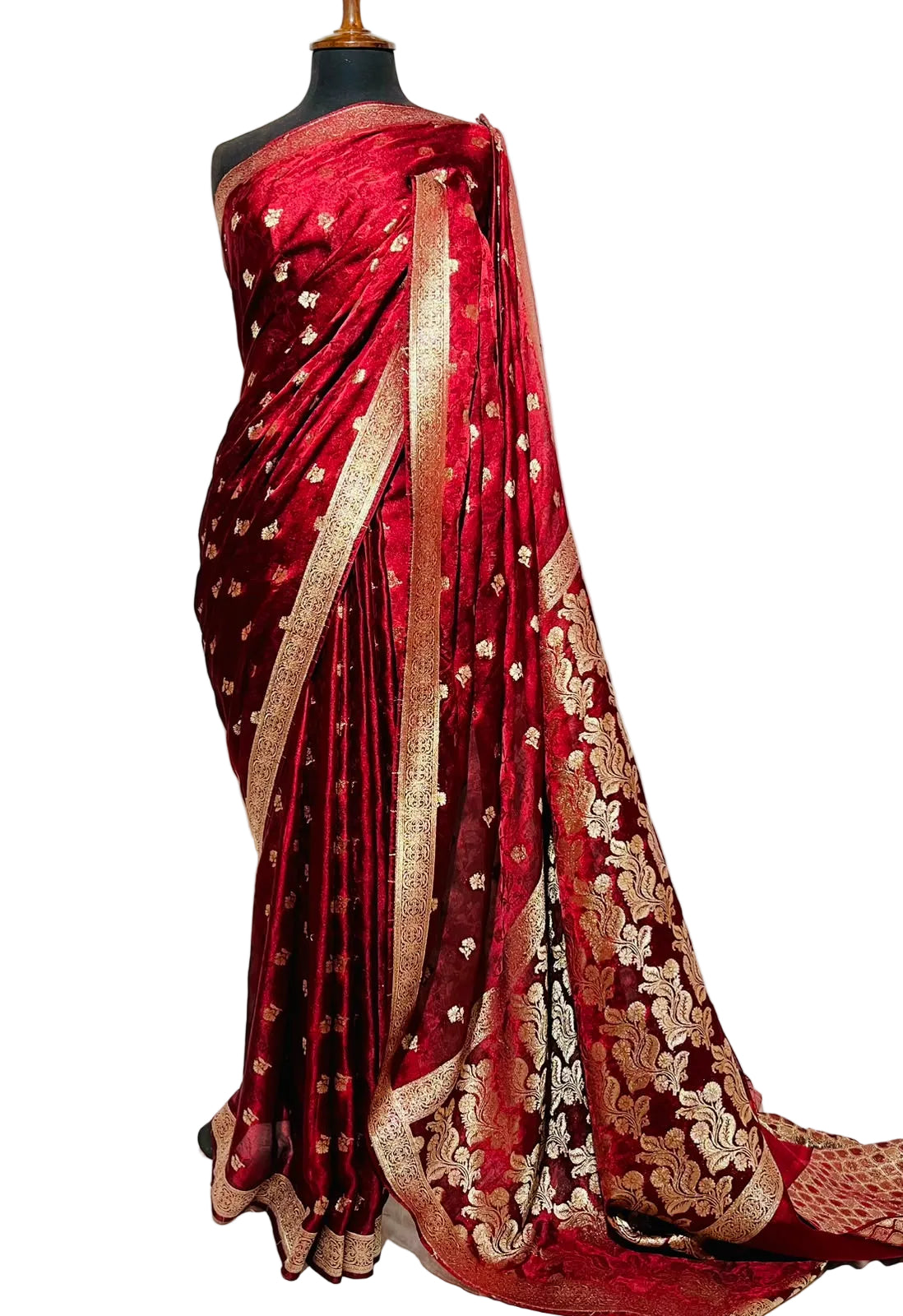 Deep Maroon Banarsi Saree With Heavy Floral Pallu