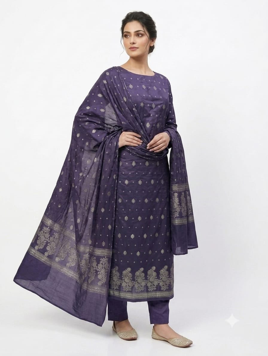 Steel Blue Banarsi Cotton 3Piece Suit