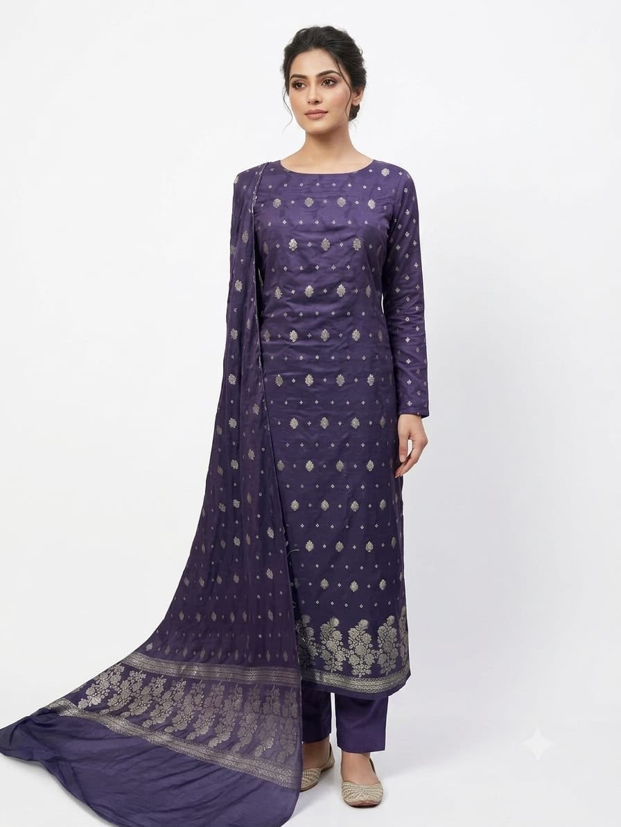 Steel Blue Banarsi Cotton 3Piece Suit