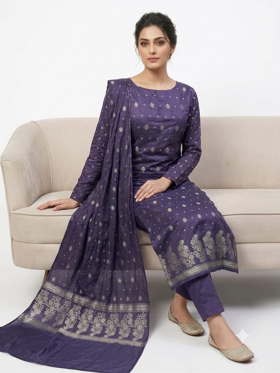 Steel Blue Banarsi Cotton 3Piece Suit